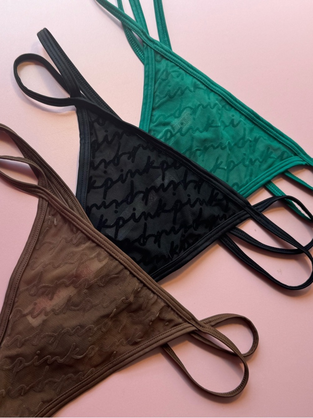 PINK Victoria's Secret Sheer Logo Triangle Thongs in Green, Black & Brown